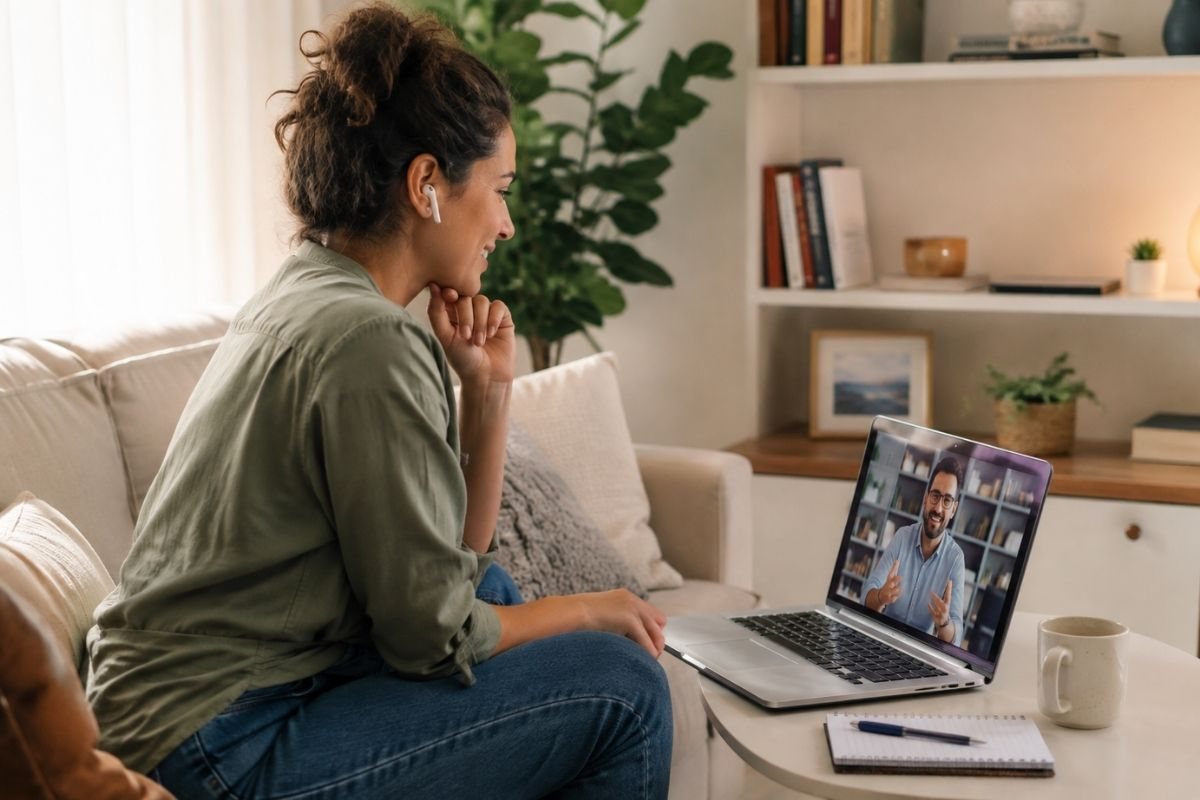 Mulher em casa, sentada no sofá, durante uma videochamada com o consultor no notebook