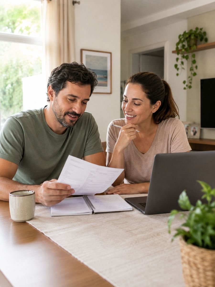 Casal sentado à mesa da sala de casa, revisando papéis e anotações com um notebook aberto