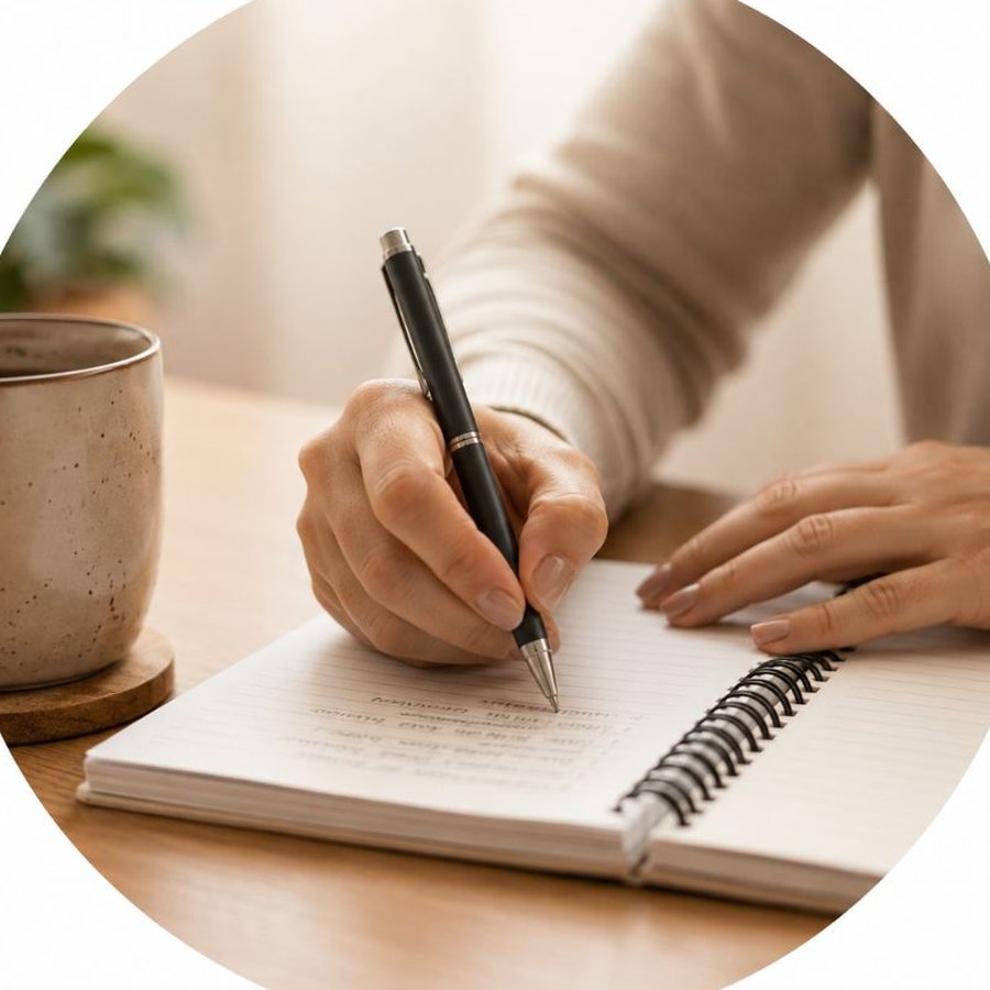 Mãos de uma pessoa anotando em um caderno, com uma xícara sobre a mesa